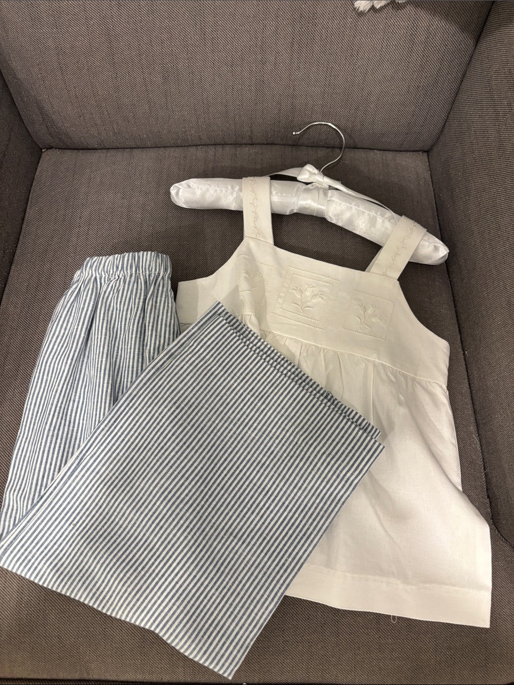 Edgehill Collection Cream Embroidered Tank with Blue Pinstripe Capris